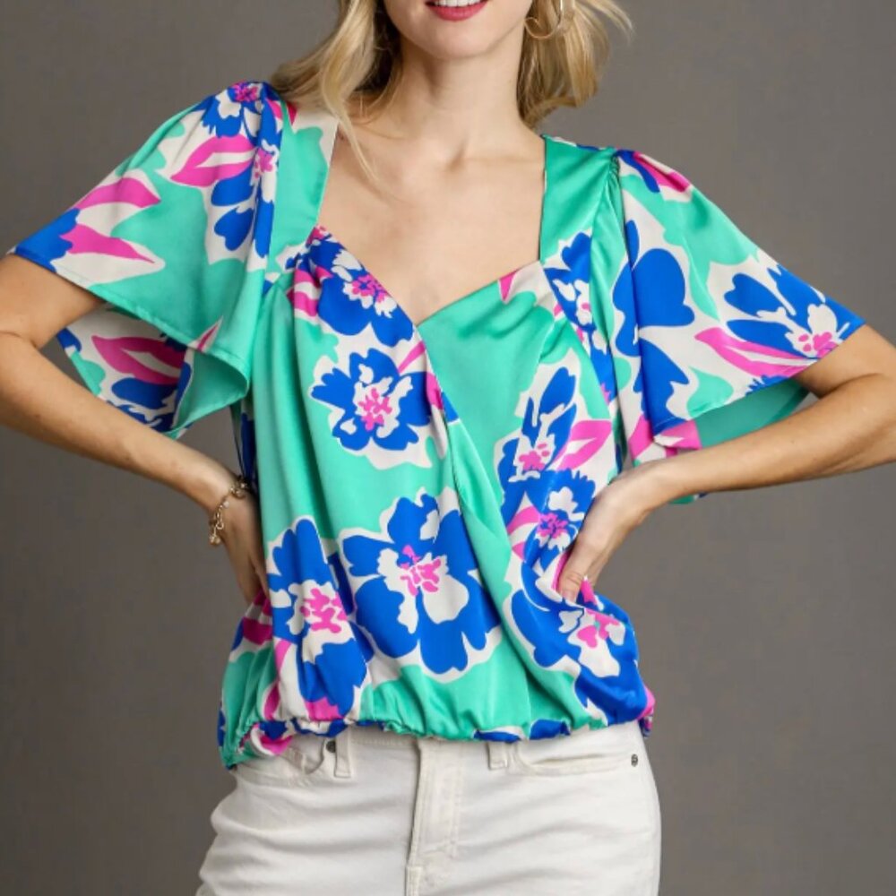 228.Floral Print Surplice Short Sleeve Wrap Top with Flutter Short Sleeve